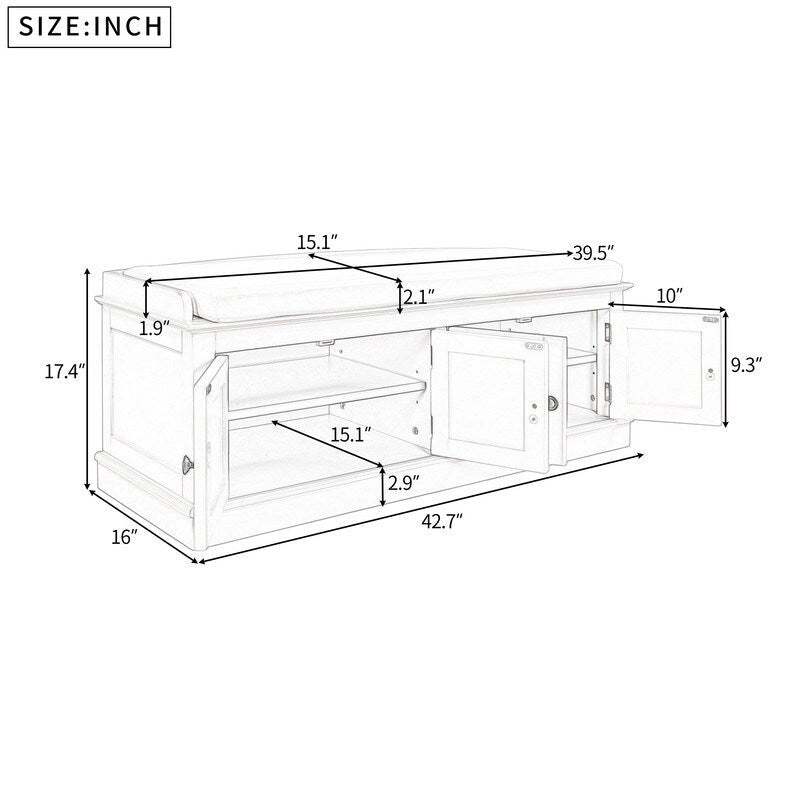 Banc de rangement pour entrée avec coussin amovible, 4 portes et étagères réglables