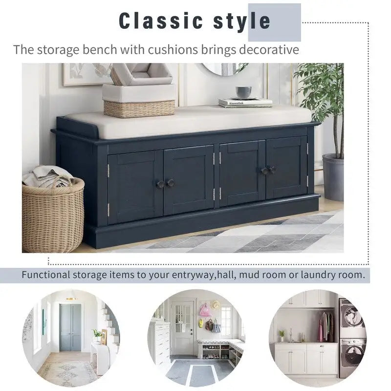 Banc de rangement pour entrée avec coussin amovible, 4 portes et étagères réglables