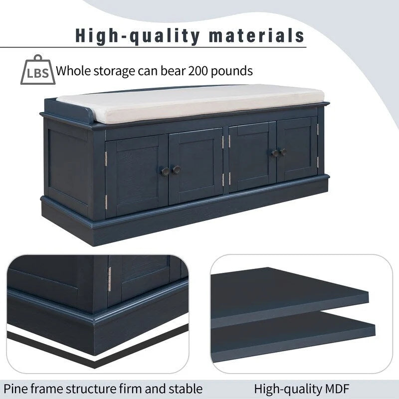 Banc de rangement pour entrée avec coussin amovible, 4 portes et étagères réglables