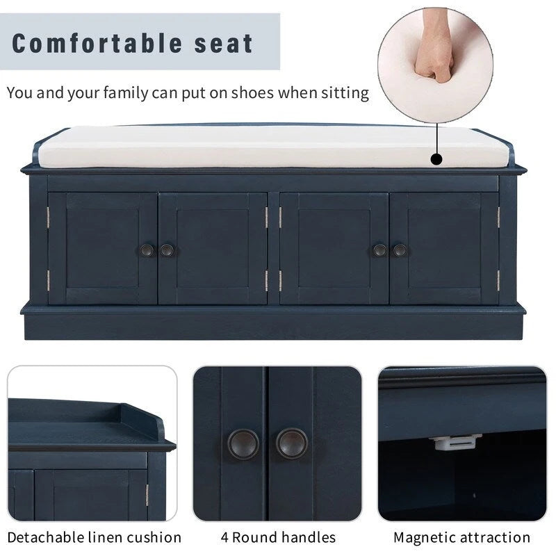 Banc de rangement pour entrée avec coussin amovible, 4 portes et étagères réglables
