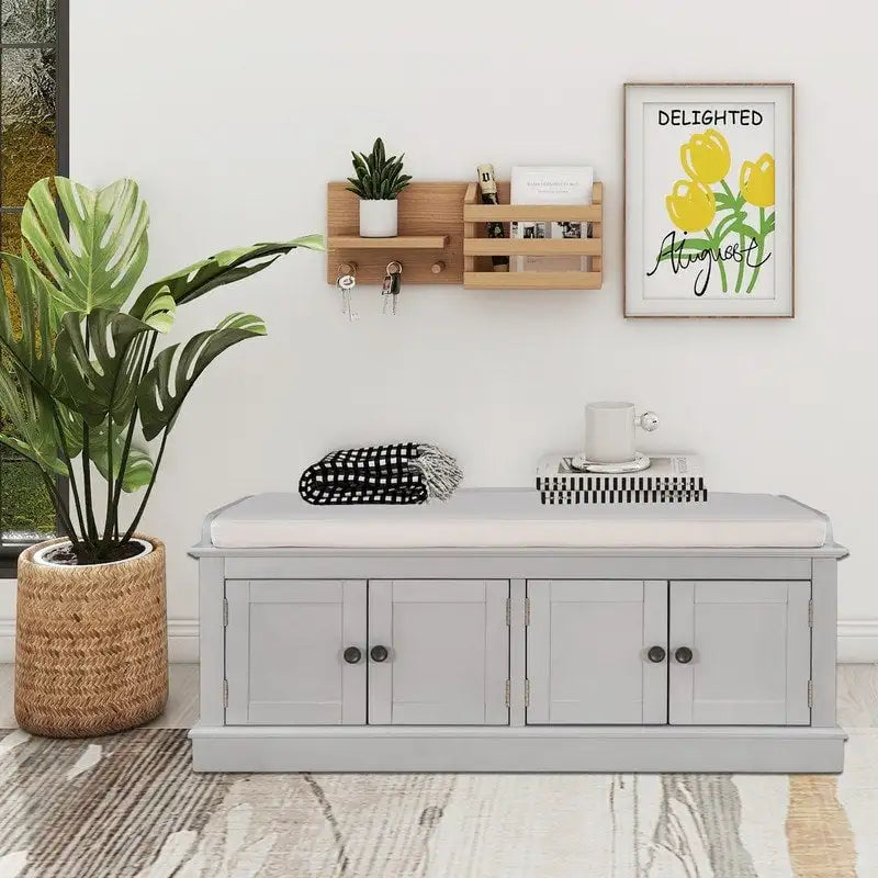 Banc de rangement pour entrée avec coussin amovible, 4 portes et étagères réglables