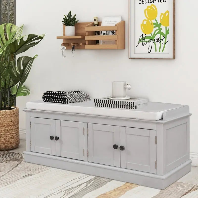 Banc de rangement pour entrée avec coussin amovible, 4 portes et étagères réglables