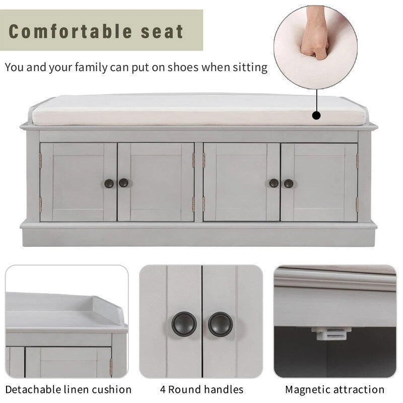 Banc de rangement pour entrée avec coussin amovible, 4 portes et étagères réglables