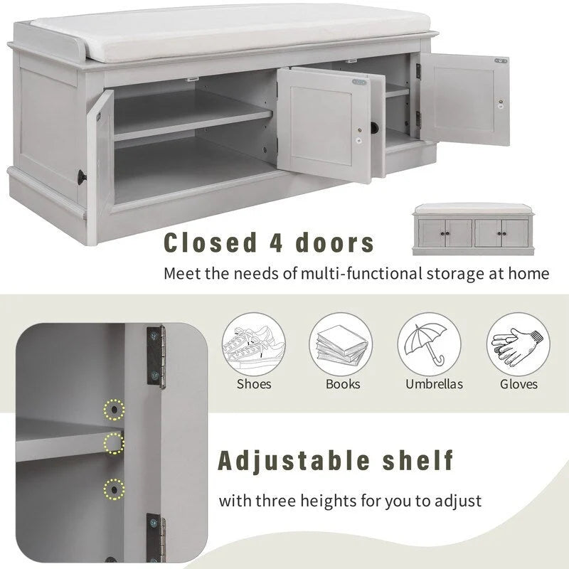 Banc de rangement pour entrée avec coussin amovible, 4 portes et étagères réglables