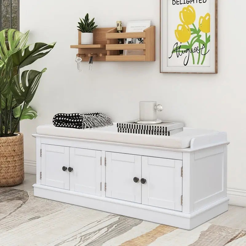 Banc de rangement pour entrée avec coussin amovible, 4 portes et étagères réglables