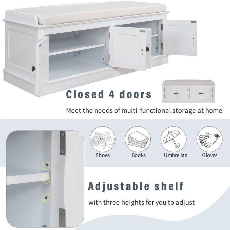 Banc de rangement pour entrée avec coussin amovible, 4 portes et étagères réglables