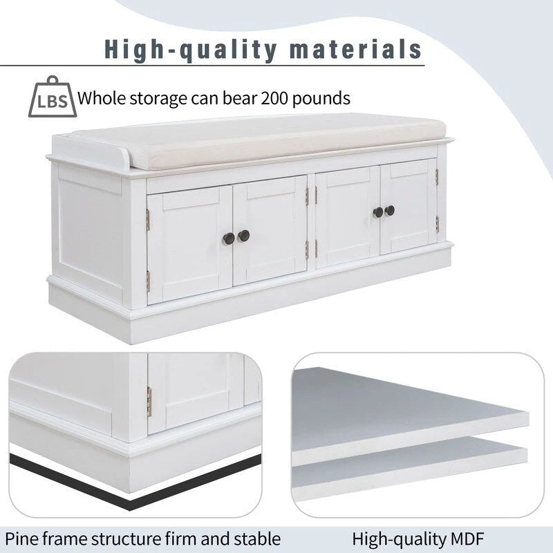 Banc de rangement pour entrée avec coussin amovible, 4 portes et étagères réglables