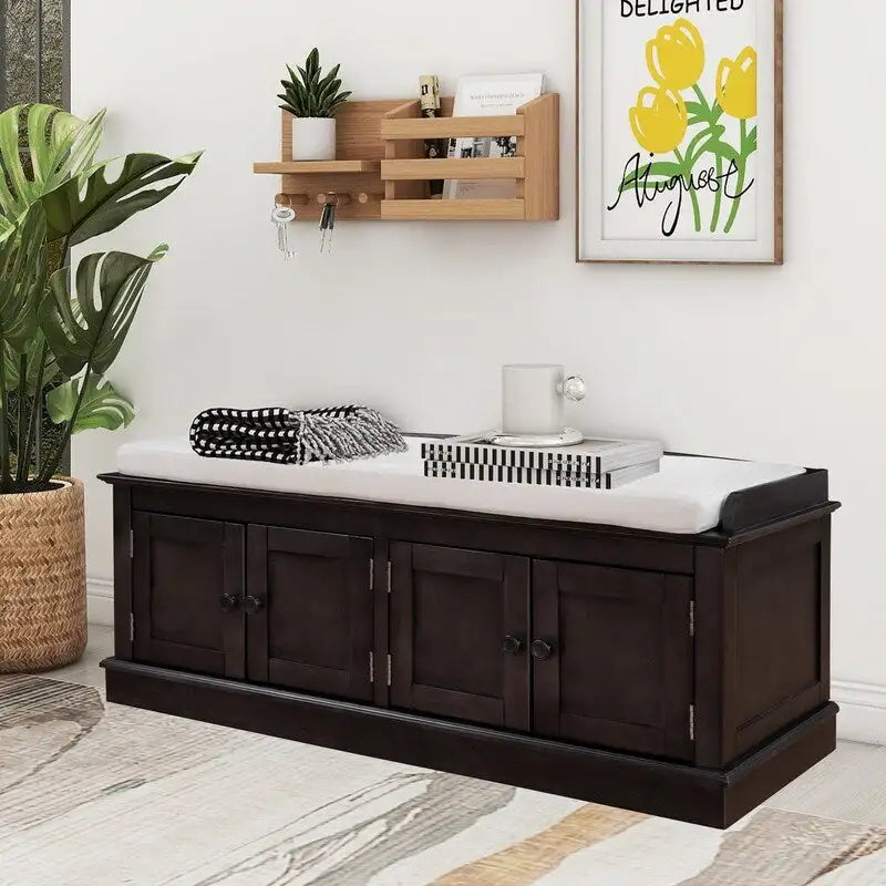 Banc de rangement pour entrée avec coussin amovible, 4 portes et étagères réglables