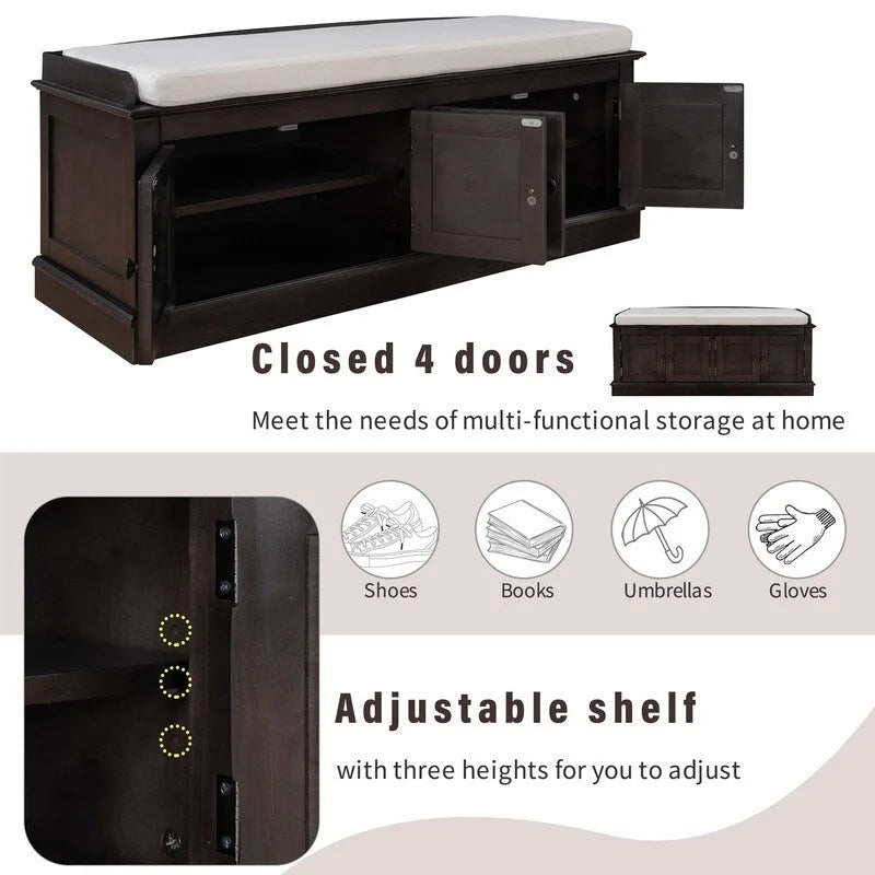 Banc de rangement pour entrée avec coussin amovible, 4 portes et étagères réglables