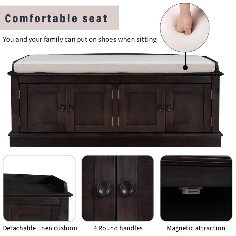 Banc de rangement pour entrée avec coussin amovible, 4 portes et étagères réglables