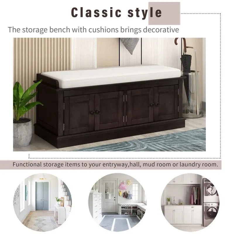 Banc de rangement pour entrée avec coussin amovible, 4 portes et étagères réglables