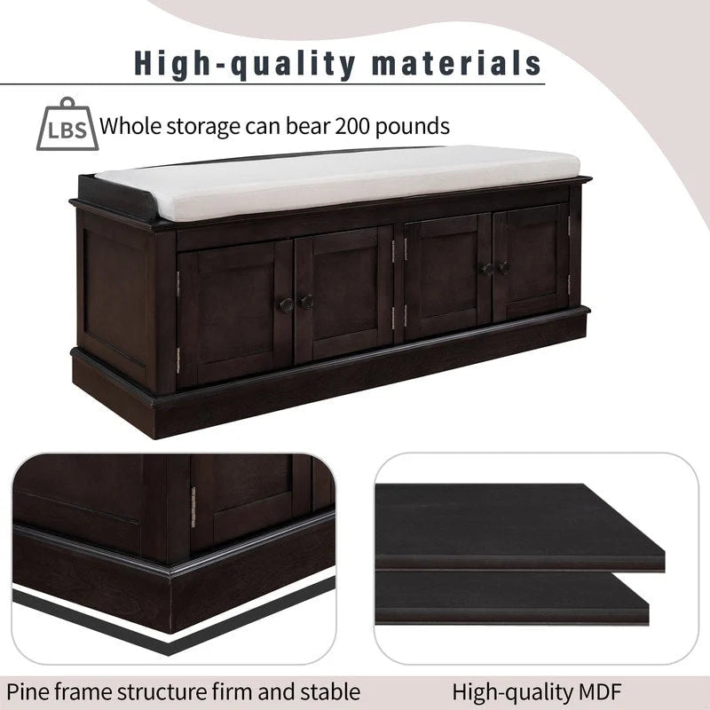 Banc de rangement pour entrée avec coussin amovible, 4 portes et étagères réglables