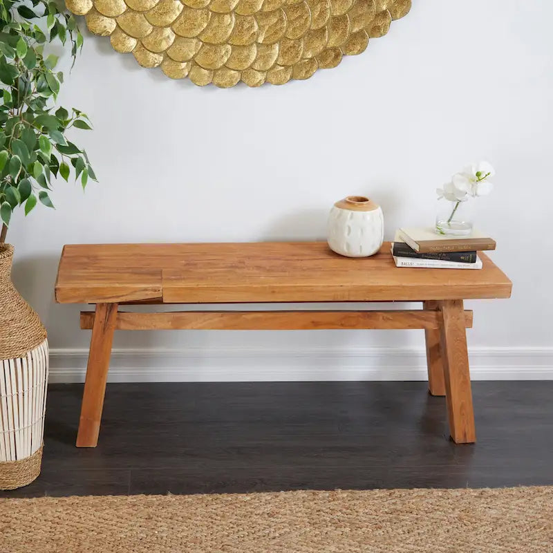 Banc artisanal en bois recyclé vieilli avec pieds en tréteaux, marron, 119x36x48 cm