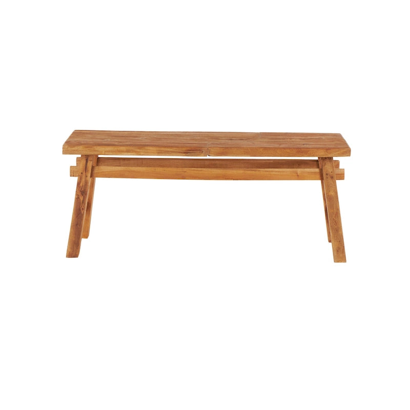 Banc artisanal en bois recyclé vieilli avec pieds en tréteaux, marron, 119x36x48 cm