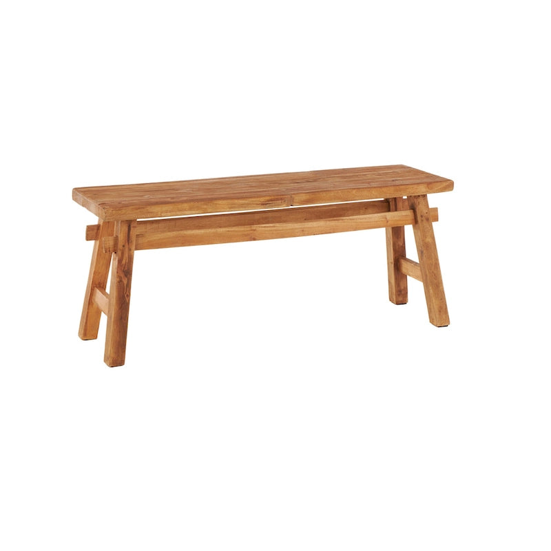 Banc artisanal en bois recyclé vieilli avec pieds en tréteaux, marron, 119x36x48 cm