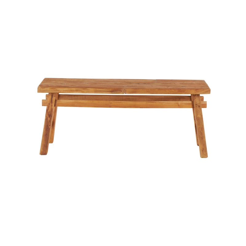 Banc artisanal en bois recyclé vieilli avec pieds en tréteaux, marron, 119x36x48 cm