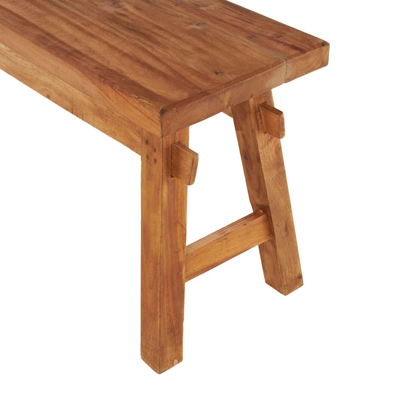 Banc artisanal en bois recyclé vieilli avec pieds en tréteaux, marron, 119x36x48 cm