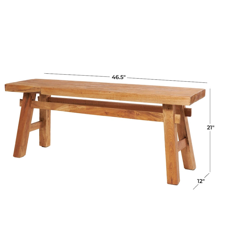 Banc artisanal en bois recyclé vieilli avec pieds en tréteaux, marron, 119x36x48 cm