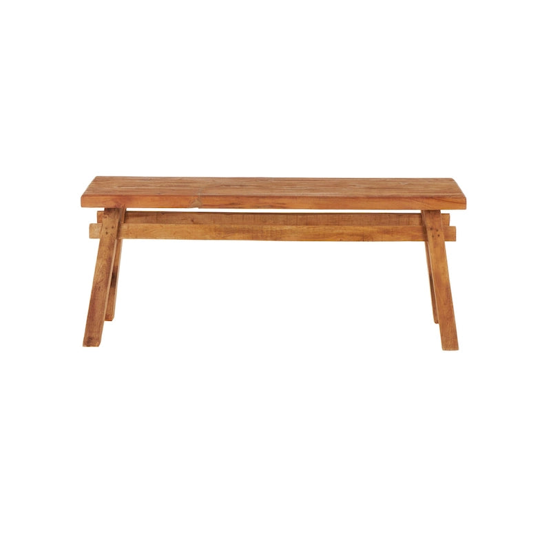 Banc artisanal en bois recyclé vieilli avec pieds en tréteaux, marron, 119x36x48 cm