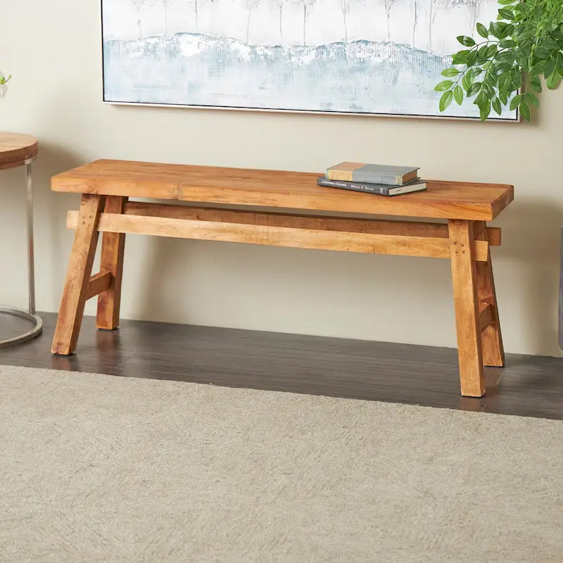 Banc artisanal en bois recyclé vieilli avec pieds en tréteaux, marron, 119x36x48 cm