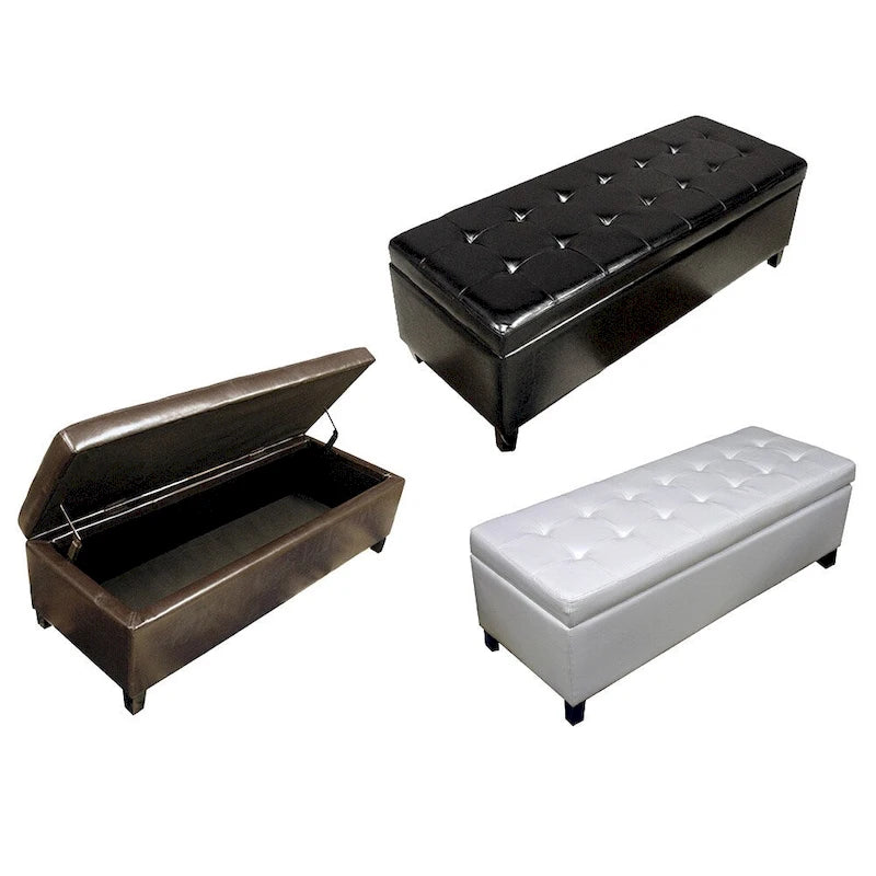 Banc de rangement en similicuir capitonné avec cadre en chêne, 50L x 20l x 17H