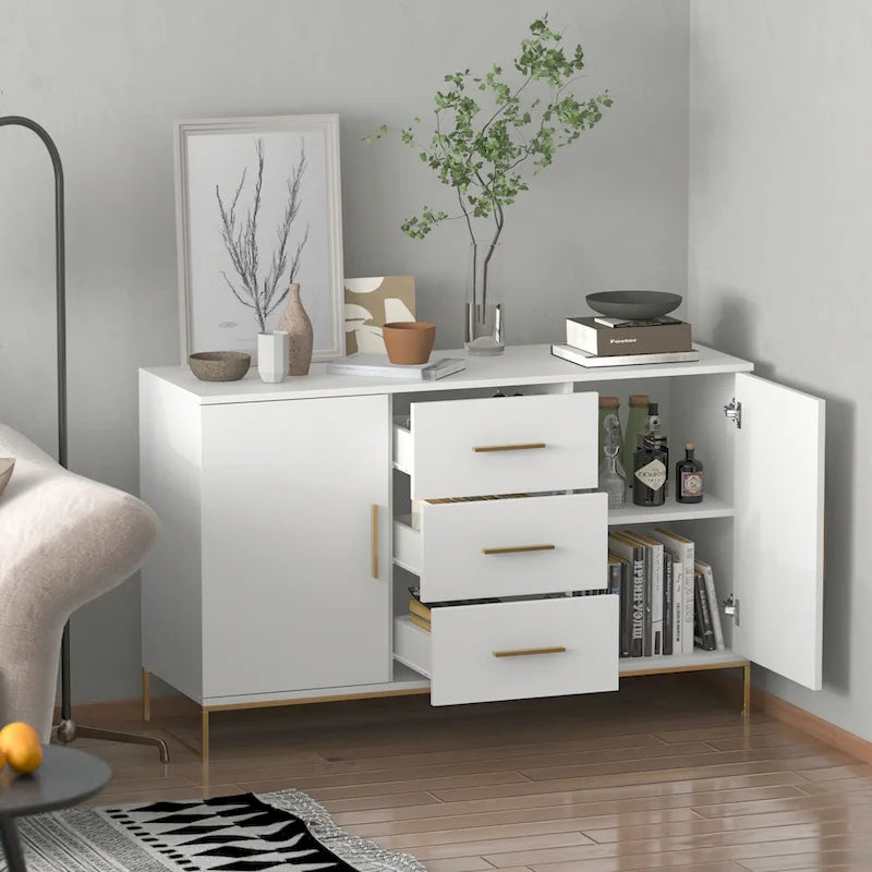 Bahut de 119,9 cm avec deux portes et 3 tiroirs, finition blanche
