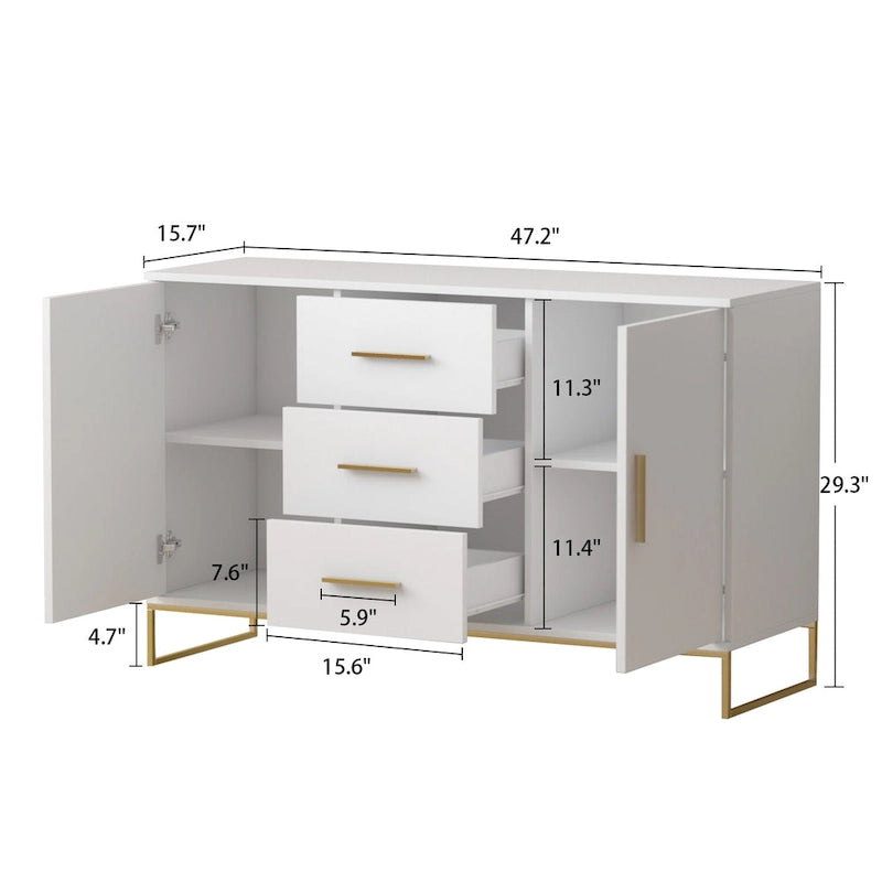 Bahut de 119,9 cm avec deux portes et 3 tiroirs, finition blanche