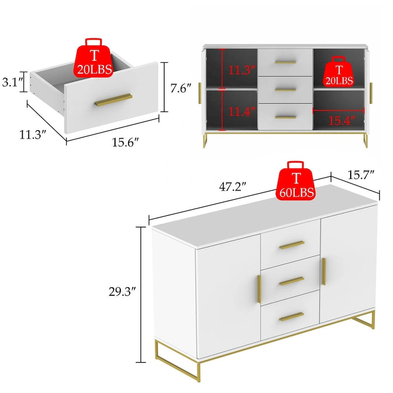 Bahut de 119,9 cm avec deux portes et 3 tiroirs, finition blanche