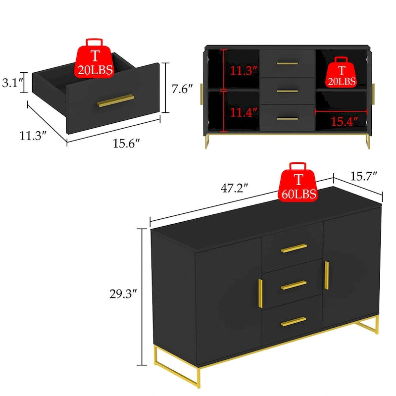 Bahut de 119,9 cm avec deux portes et 3 tiroirs, finition blanche
