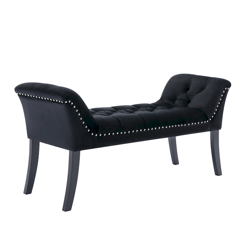 Banc d'appoint en velours capitonné avec pieds en hévéa, capitonnage à boutons, 130 cm de largeur
