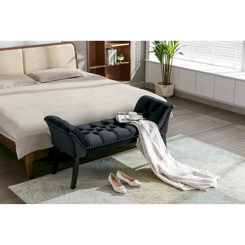 Banc d'appoint en velours capitonné avec pieds en hévéa, capitonnage à boutons, 130 cm de largeur