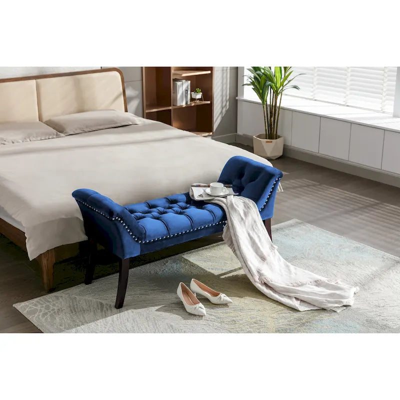 Banc d'appoint en velours capitonné avec pieds en hévéa, capitonnage à boutons, 130 cm de largeur