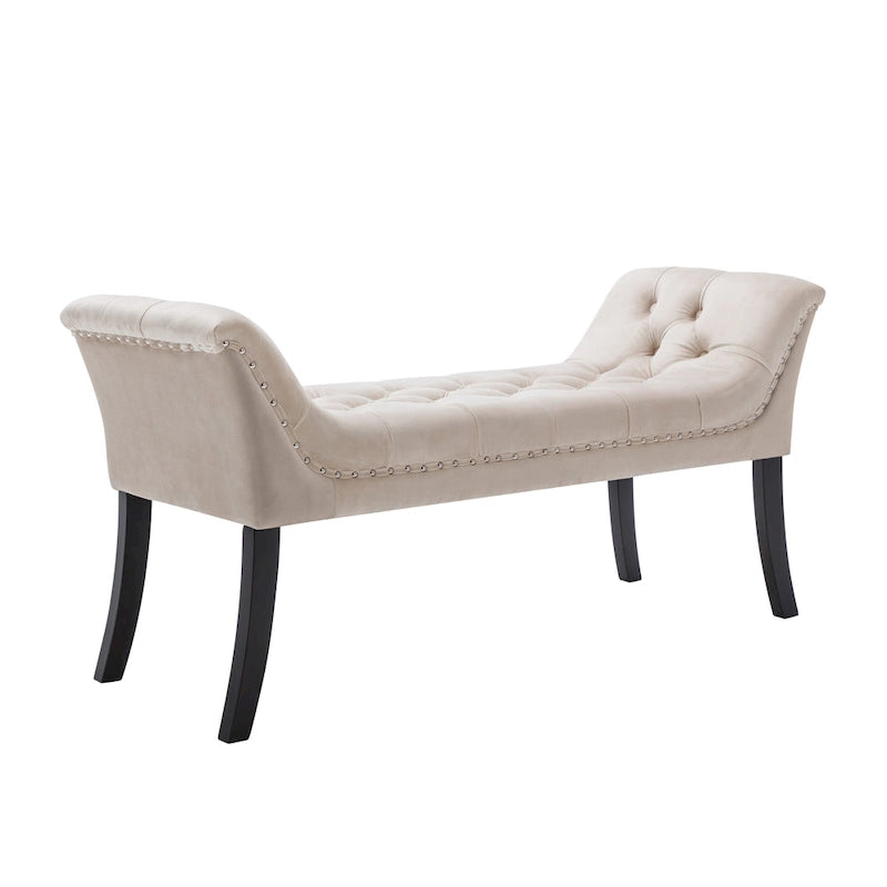 Banc d'appoint en velours capitonné avec pieds en hévéa, capitonnage à boutons, 130 cm de largeur