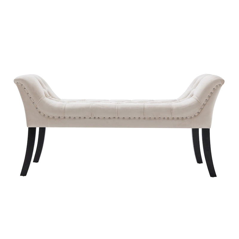 Banc d'appoint en velours capitonné avec pieds en hévéa, capitonnage à boutons, 130 cm de largeur