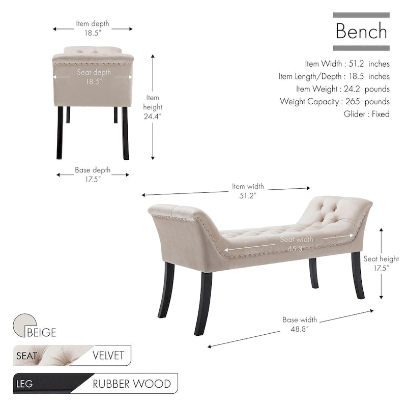 Banc d'appoint en velours capitonné avec pieds en hévéa, capitonnage à boutons, 130 cm de largeur