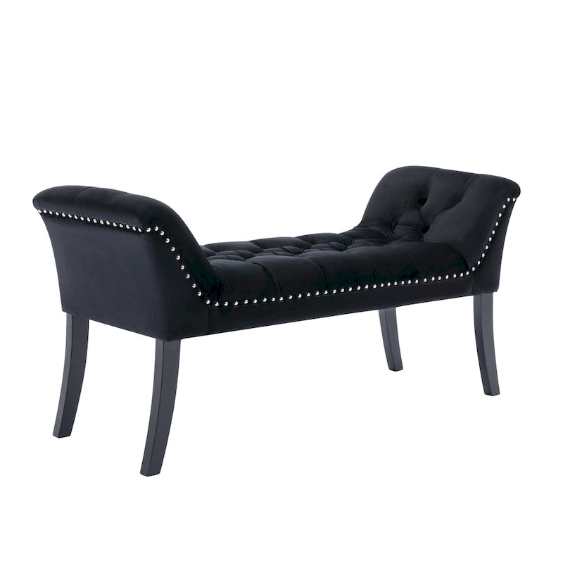 Banc d'appoint en velours capitonné avec pieds en hévéa, capitonnage à boutons, 130 cm de largeur
