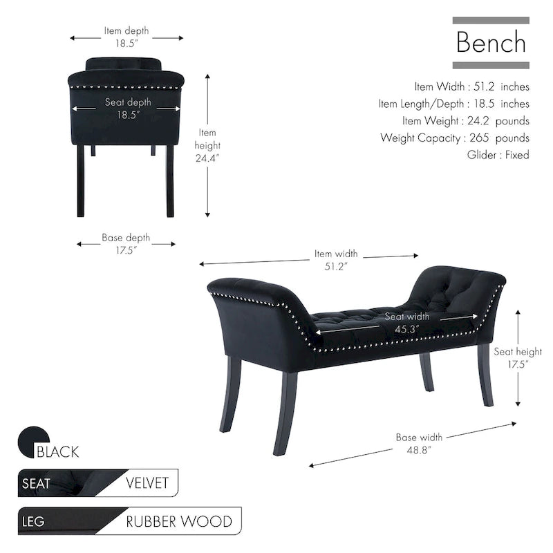Banc d'appoint en velours capitonné avec pieds en hévéa, capitonnage à boutons, 130 cm de largeur