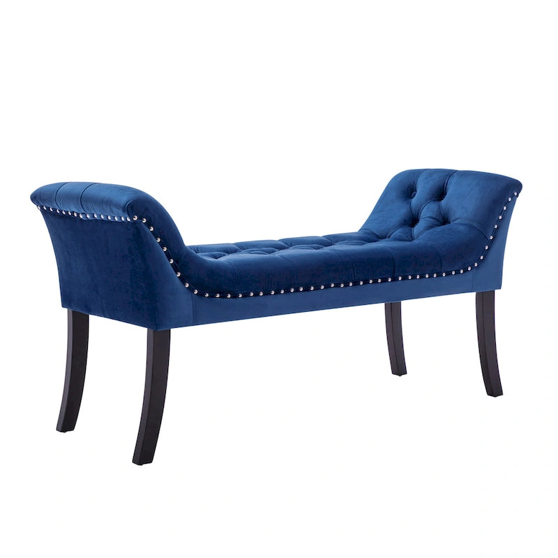 Banc d'appoint en velours capitonné avec pieds en hévéa, capitonnage à boutons, 130 cm de largeur