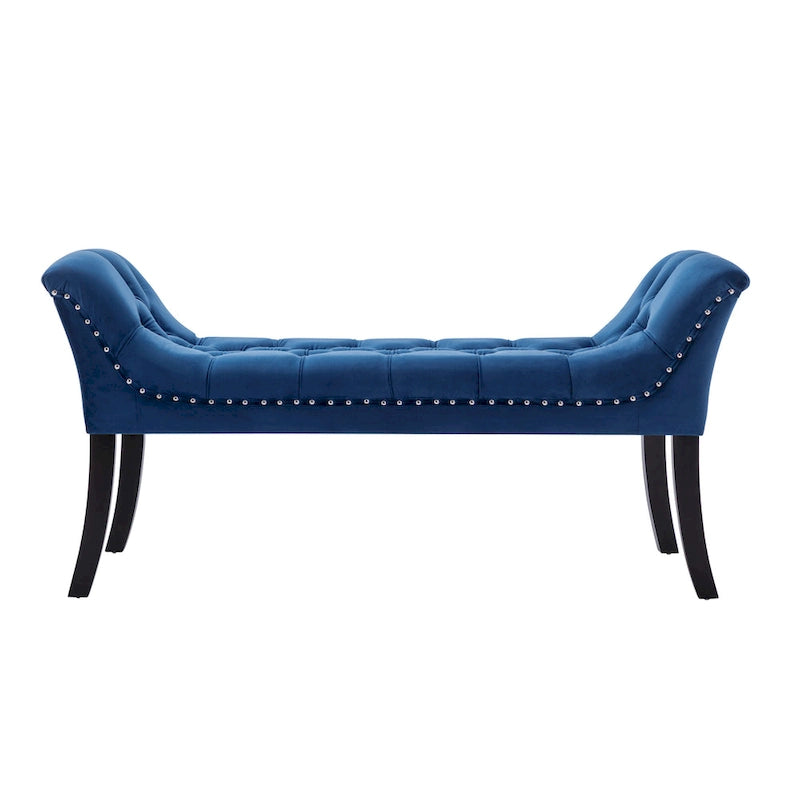 Banc d'appoint en velours capitonné avec pieds en hévéa, capitonnage à boutons, 130 cm de largeur