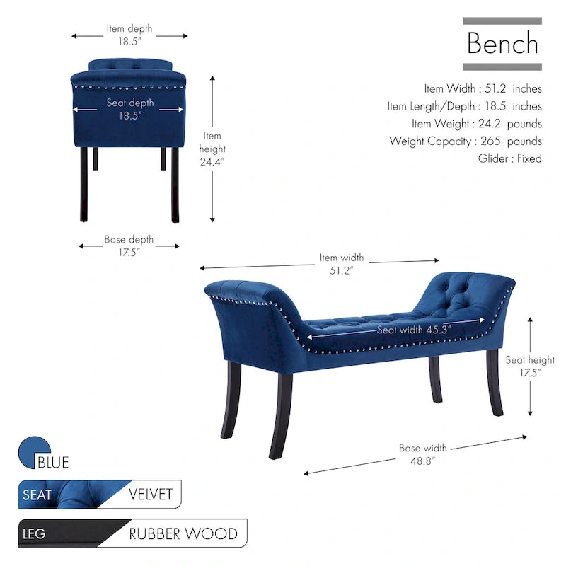 Banc d'appoint en velours capitonné avec pieds en hévéa, capitonnage à boutons, 130 cm de largeur