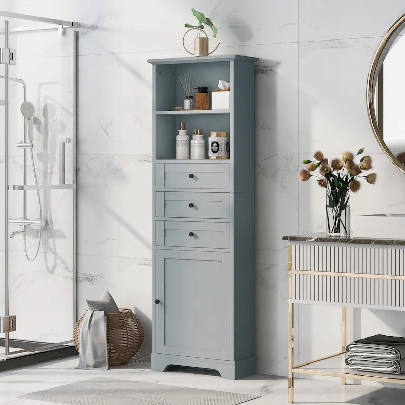 Armoire de rangement haute avec 3 tiroirs, étagères réglables et dispositif anti-basculement