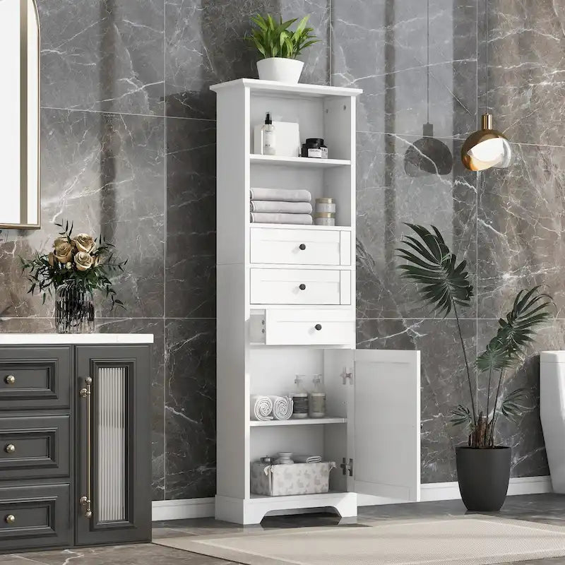 Armoire de rangement haute avec 3 tiroirs, étagères réglables et dispositif anti-basculement