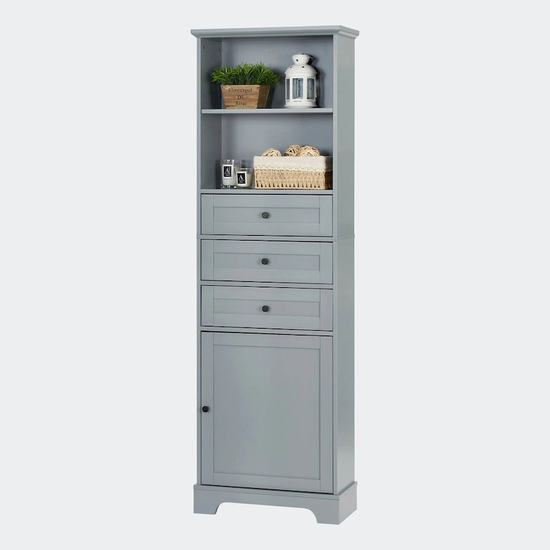 Armoire de rangement haute avec 3 tiroirs, étagères réglables et dispositif anti-basculement