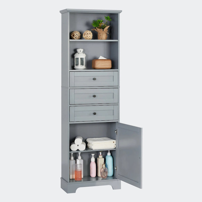 Armoire de rangement haute avec 3 tiroirs, étagères réglables et dispositif anti-basculement