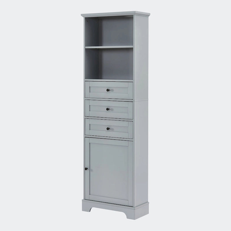 Armoire de rangement haute avec 3 tiroirs, étagères réglables et dispositif anti-basculement