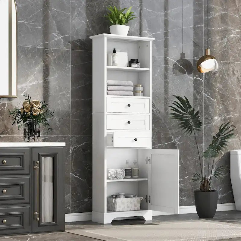Armoire de rangement haute avec 3 tiroirs, étagères réglables et dispositif anti-basculement