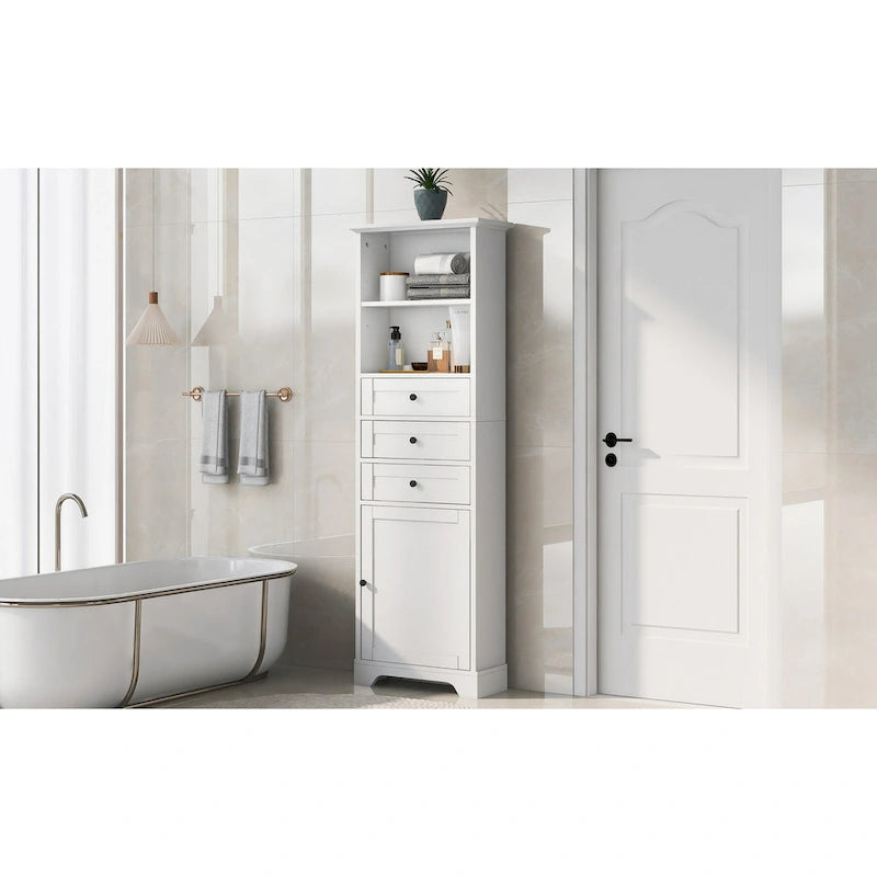 Armoire de rangement haute avec 3 tiroirs, étagères réglables et dispositif anti-basculement