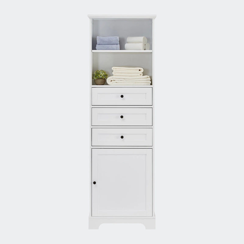 Armoire de rangement haute avec 3 tiroirs, étagères réglables et dispositif anti-basculement