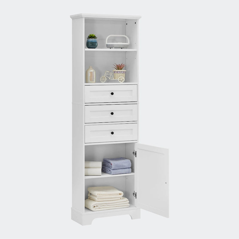 Armoire de rangement haute avec 3 tiroirs, étagères réglables et dispositif anti-basculement