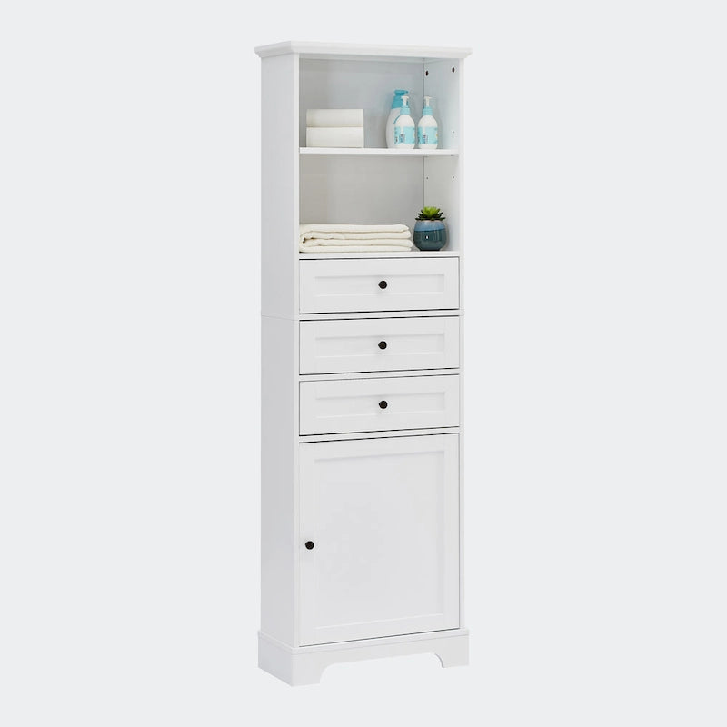 Armoire de rangement haute avec 3 tiroirs, étagères réglables et dispositif anti-basculement